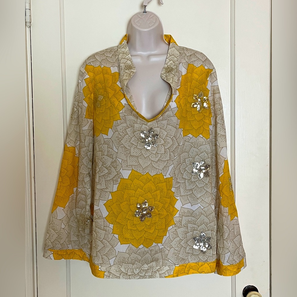Tory Burch Cotton Floral Tunic Blouse with Embroidered Sequin Accents